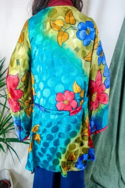 Karina Kimono Mini Dress - Vintage Sari - Vivid Kaleidoscope Floral - Free Size S/M -Woviqueen Sales karina midi length long sleeve boho kimono wide sleeve hippie jacket handmade from recycled vintage 70s indian silky sari colourful bohemian robe by all about audrey 11 scaled