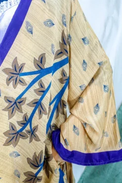 Karina Kimono Mini Dress - Vintage Sari - Peachy Peacock Print - Free Size XL 7 Karina Kimono Mini Dress - Vintage Sari - Peachy Peacock Print - Free Size XL -Woviqueen Sales karina midi length long sleeve boho kimono wide sleeve hippie jacket handmade from recycled vintage 70s indian silky sari colourful bohemian robe by all about audrey 125