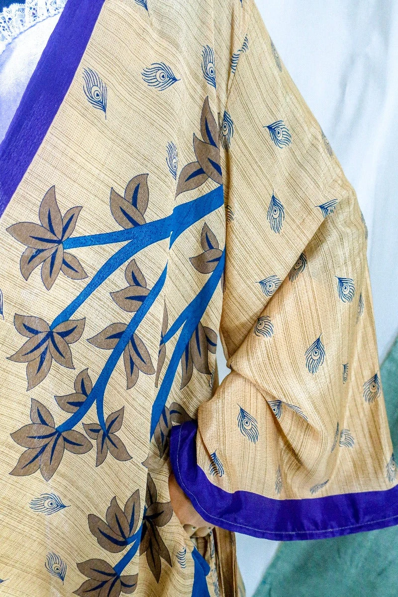 Karina Kimono Mini Dress - Vintage Sari - Peachy Peacock Print - Free Size XL 4 Karina Kimono Mini Dress - Vintage Sari - Peachy Peacock Print - Free Size XL - Image 4