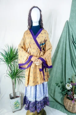 Karina Kimono Mini Dress - Vintage Sari - Peachy Peacock Print - Free Size XL 6 Karina Kimono Mini Dress - Vintage Sari - Peachy Peacock Print - Free Size XL -Woviqueen Sales karina midi length long sleeve boho kimono wide sleeve hippie jacket handmade from recycled vintage 70s indian silky sari colourful bohemian robe by all about audrey 126