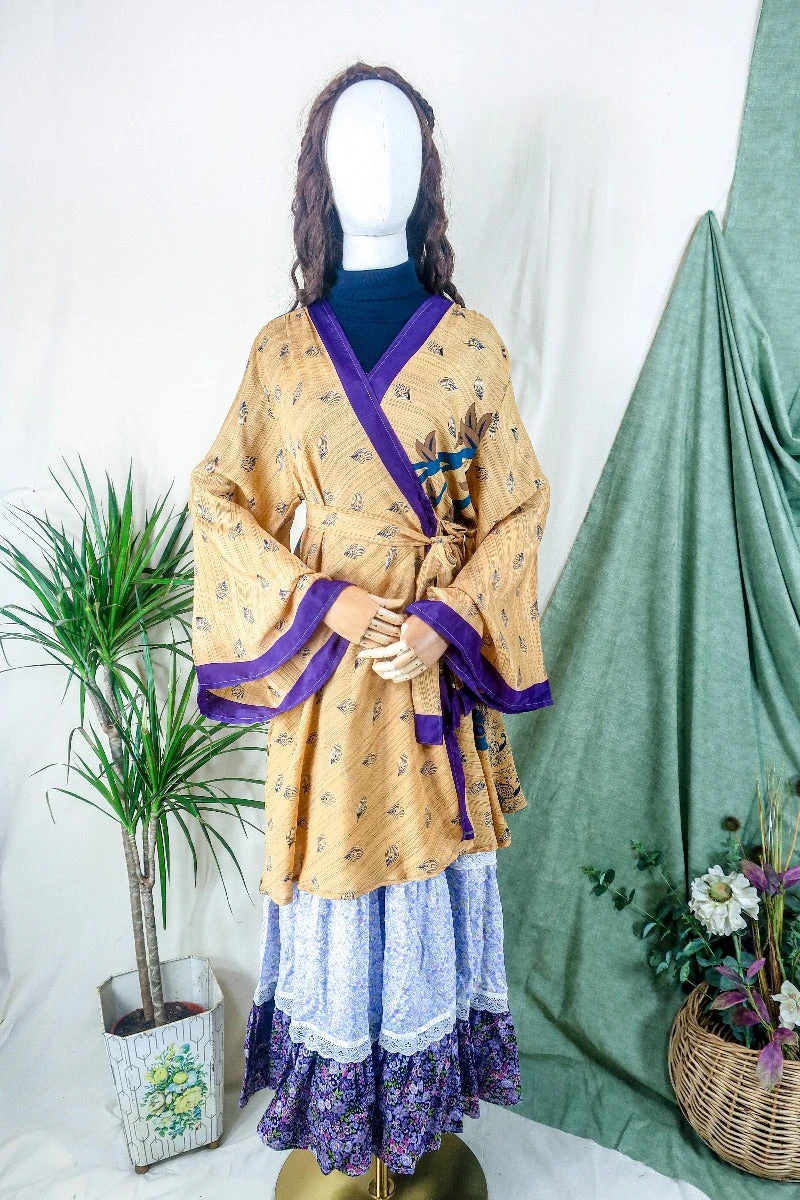 Karina Kimono Mini Dress - Vintage Sari - Peachy Peacock Print - Free Size XL 3 Karina Kimono Mini Dress - Vintage Sari - Peachy Peacock Print - Free Size XL - Image 3