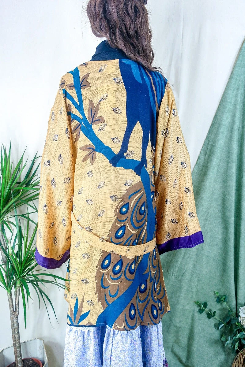 Karina Kimono Mini Dress - Vintage Sari - Peachy Peacock Print - Free Size XL 2 Karina Kimono Mini Dress - Vintage Sari - Peachy Peacock Print - Free Size XL - Image 2