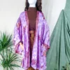 Karina Kimono Mini Dress - Vintage Sari - Garden Cosmos Floral - Free Size XL