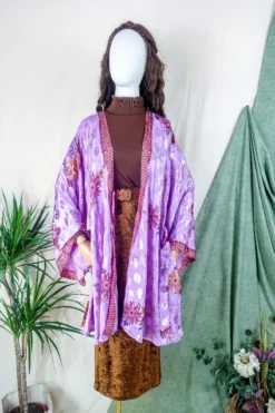 Karina Kimono Mini Dress - Vintage Sari - Garden Cosmos Floral - Free Size XL