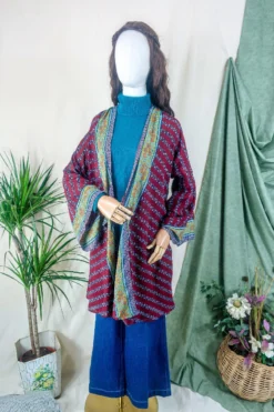 Karina Kimono Mini Dress - Vintage Sari - Burgundy & Dark Lime Paisley - Free Size S/M -Woviqueen Sales karina midi length long sleeve boho kimono wide sleeve hippie jacket handmade from recycled vintage 70s indian silky sari colourful bohemian robe by all about audrey 17