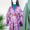 Karina Kimono Mini Dress - Vintage Sari - Geometric Dusted Rose - Free Size XL