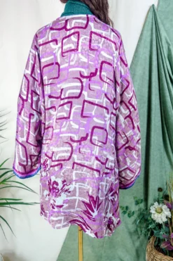 Karina Kimono Mini Dress - Vintage Sari - Geometric Dusted Rose - Free Size XL 12 Karina Kimono Mini Dress - Vintage Sari - Geometric Dusted Rose - Free Size XL -Woviqueen Sales karina midi length long sleeve boho kimono wide sleeve hippie jacket handmade from recycled vintage 70s indian silky sari colourful bohemian robe by all about audrey 195