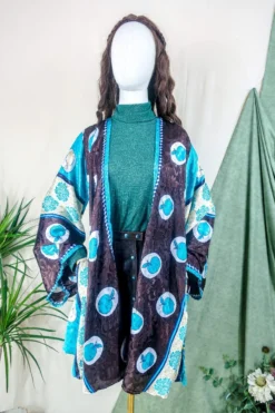 Karina Kimono Mini Dress - Vintage Sari - Aqua & Umber Apple Print - Free Size M/L