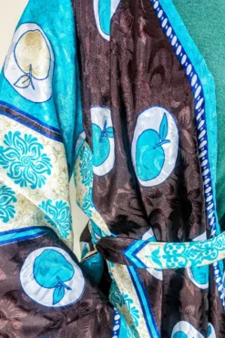 Karina Kimono Mini Dress - Vintage Sari - Aqua & Umber Apple Print - Free Size M/L -Woviqueen Sales karina midi length long sleeve boho kimono wide sleeve hippie jacket handmade from recycled vintage 70s indian silky sari colourful bohemian robe by all about audrey 199