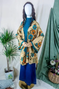 Karina Kimono Mini Dress - Vintage Sari - Golden, Rust & Teal Daisies - Free Size S/M