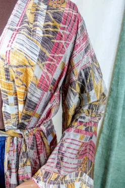 Karina Kimono Mini Dress - Vintage Sari - Earthy Mauve Abstract - Free Size S -Woviqueen Sales karina midi length long sleeve boho kimono wide sleeve hippie jacket handmade from recycled vintage 70s indian silky sari colourful bohemian robe by all about audrey 35