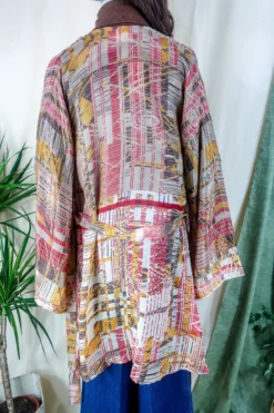 Karina Kimono Mini Dress - Vintage Sari - Earthy Mauve Abstract - Free Size S -Woviqueen Sales karina midi length long sleeve boho kimono wide sleeve hippie jacket handmade from recycled vintage 70s indian silky sari colourful bohemian robe by all about audrey 37