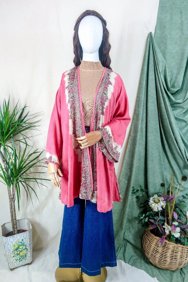 Karina Kimono Mini Dress - Vintage Sari - Blossom Pink Psychedelic - Free Size S/M 1 Karina Kimono Mini Dress - Vintage Sari - Blossom Pink Psychedelic - Free Size S/M