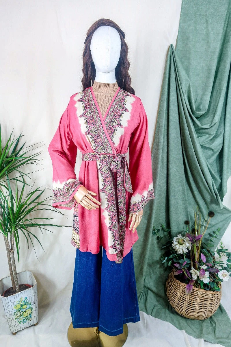 Karina Kimono Mini Dress - Vintage Sari - Blossom Pink Psychedelic - Free Size S/M 2 Karina Kimono Mini Dress - Vintage Sari - Blossom Pink Psychedelic - Free Size S/M - Image 2
