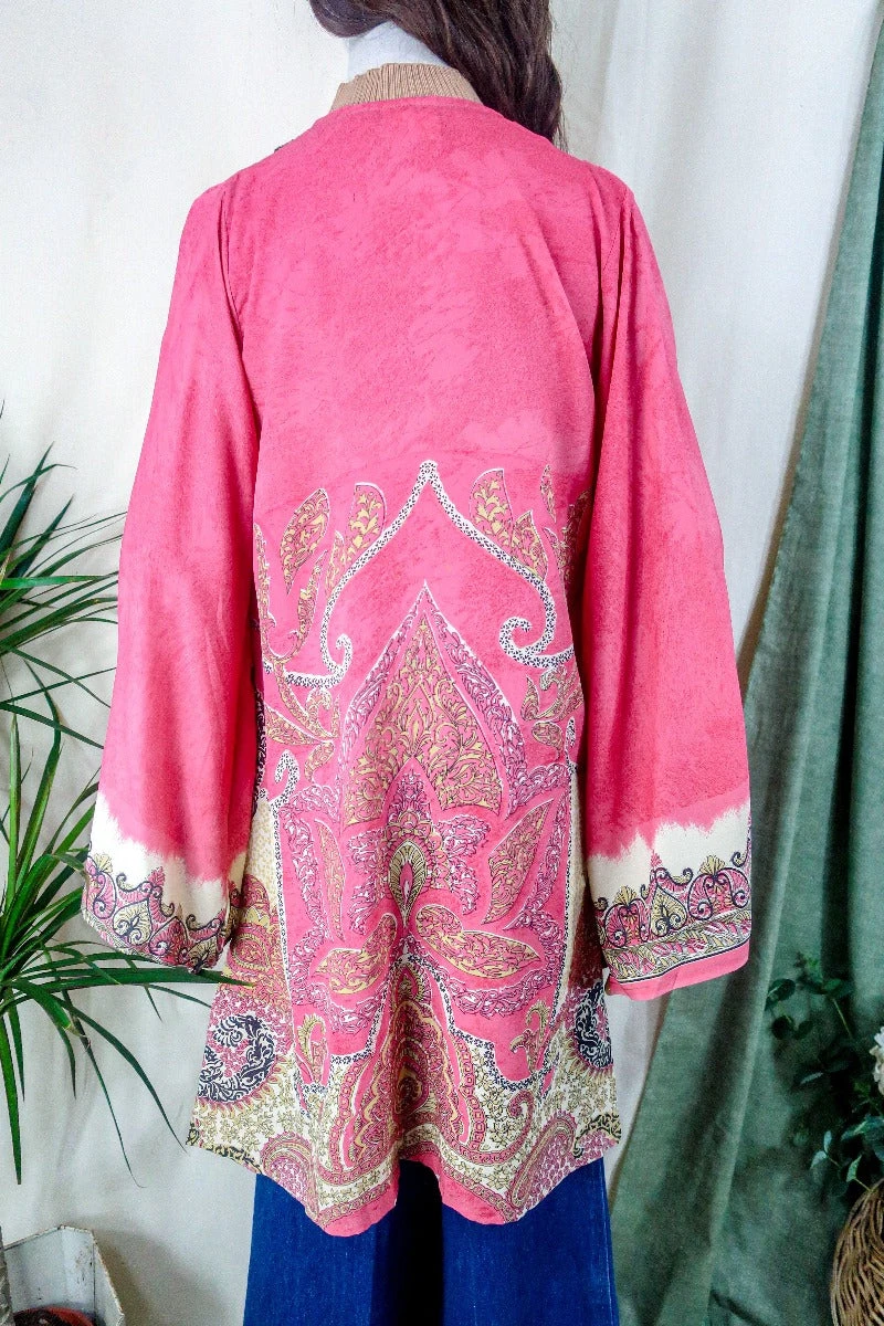 Karina Kimono Mini Dress - Vintage Sari - Blossom Pink Psychedelic - Free Size S/M 4 Karina Kimono Mini Dress - Vintage Sari - Blossom Pink Psychedelic - Free Size S/M - Image 4