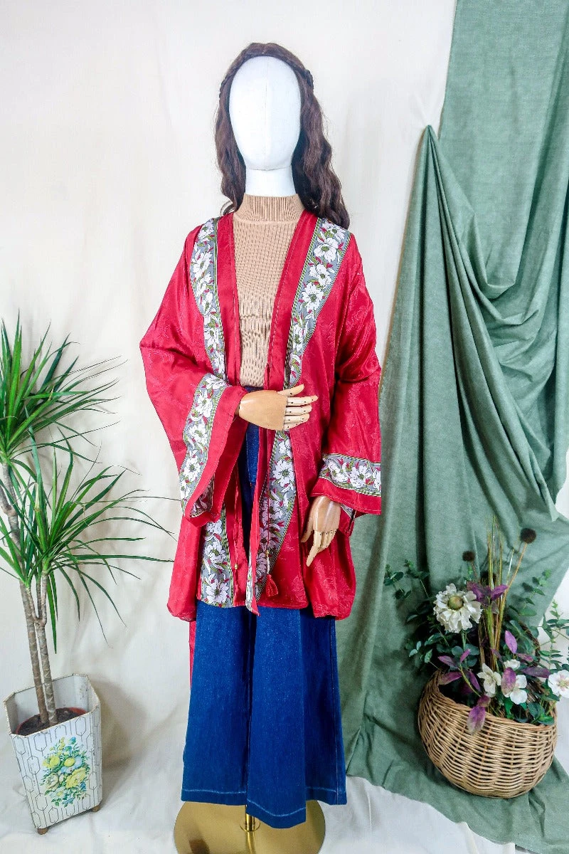 Karina Kimono Mini Dress - Vintage Sari - Crimson Nouveau Floral - Free Size S/M 2 Karina Kimono Mini Dress - Vintage Sari - Crimson Nouveau Floral - Free Size S/M - Image 2
