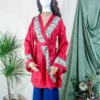 Karina Kimono Mini Dress - Vintage Sari - Crimson Nouveau Floral - Free Size S/M