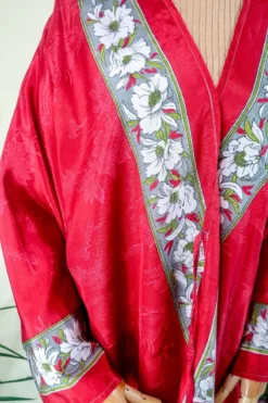Karina Kimono Mini Dress - Vintage Sari - Crimson Nouveau Floral - Free Size S/M 10 Karina Kimono Mini Dress - Vintage Sari - Crimson Nouveau Floral - Free Size S/M -Woviqueen Sales karina midi length long sleeve boho kimono wide sleeve hippie jacket handmade from recycled vintage 70s indian silky sari colourful bohemian robe by all about audrey 45
