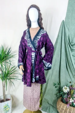 Karina Kimono Mini Dress - Vintage Sari - Vampy Berry Shimmer - Free Size S