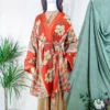 Karina Kimono Mini Dress - Vintage Sari - Burnt Orange Chevron Floral - Free Size S