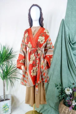 Karina Kimono Mini Dress - Vintage Sari - Burnt Orange Chevron Floral - Free Size S