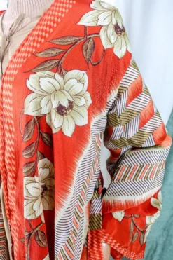 Karina Kimono Mini Dress - Vintage Sari - Burnt Orange Chevron Floral - Free Size S -Woviqueen Sales karina midi length long sleeve boho kimono wide sleeve hippie jacket handmade from recycled vintage 70s indian silky sari colourful bohemian robe by all about audrey 75
