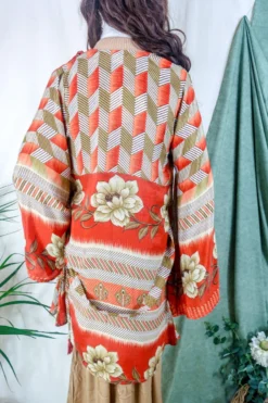Karina Kimono Mini Dress - Vintage Sari - Burnt Orange Chevron Floral - Free Size S -Woviqueen Sales karina midi length long sleeve boho kimono wide sleeve hippie jacket handmade from recycled vintage 70s indian silky sari colourful bohemian robe by all about audrey 76