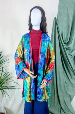 Karina Kimono Mini Dress - Vintage Sari - Vivid Kaleidoscope Floral - Free Size S/M