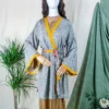 Karina Kimono Mini Dress - Vintage Sari - Grey Smoke Abstract - Free Size M/L
