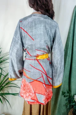 Karina Kimono Mini Dress - Vintage Sari - Grey Smoke Abstract - Free Size M/L -Woviqueen Sales karina midi length long sleeve boho kimono wide sleeve hippie jacket handmade from recycled vintage 70s indian silky sari colourful bohemian robe by all about audrey 83