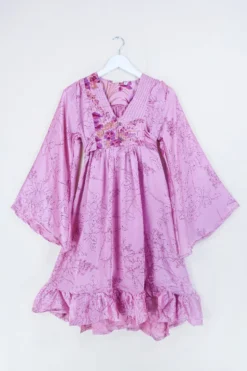 Lunar Mini Dress - Vintage Sari - Dusky Rose Pink Painted Floral - Size XXS Petite