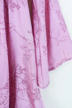 Lunar Mini Dress - Vintage Sari - Dusky Rose Pink Painted Floral - Size XXS Petite -Woviqueen Sales lunar mini long sleeve boho dress hippy short dress wide sleeves drop hem frill skirt button up neckline handmade from recycled 70s vintage indian silky sari by all about audrey 72
