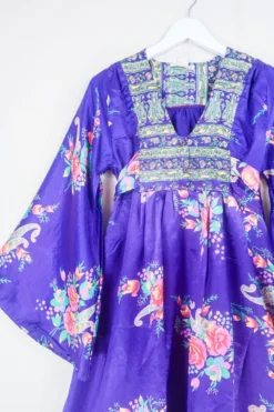 Woviqueen Sales -Woviqueen Sales lunar mini long sleeve boho dress hippy short dress wide sleeves drop hem frill skirt button up neckline handmade from recycled 70s vintage indian silky sari by all about audrey 75