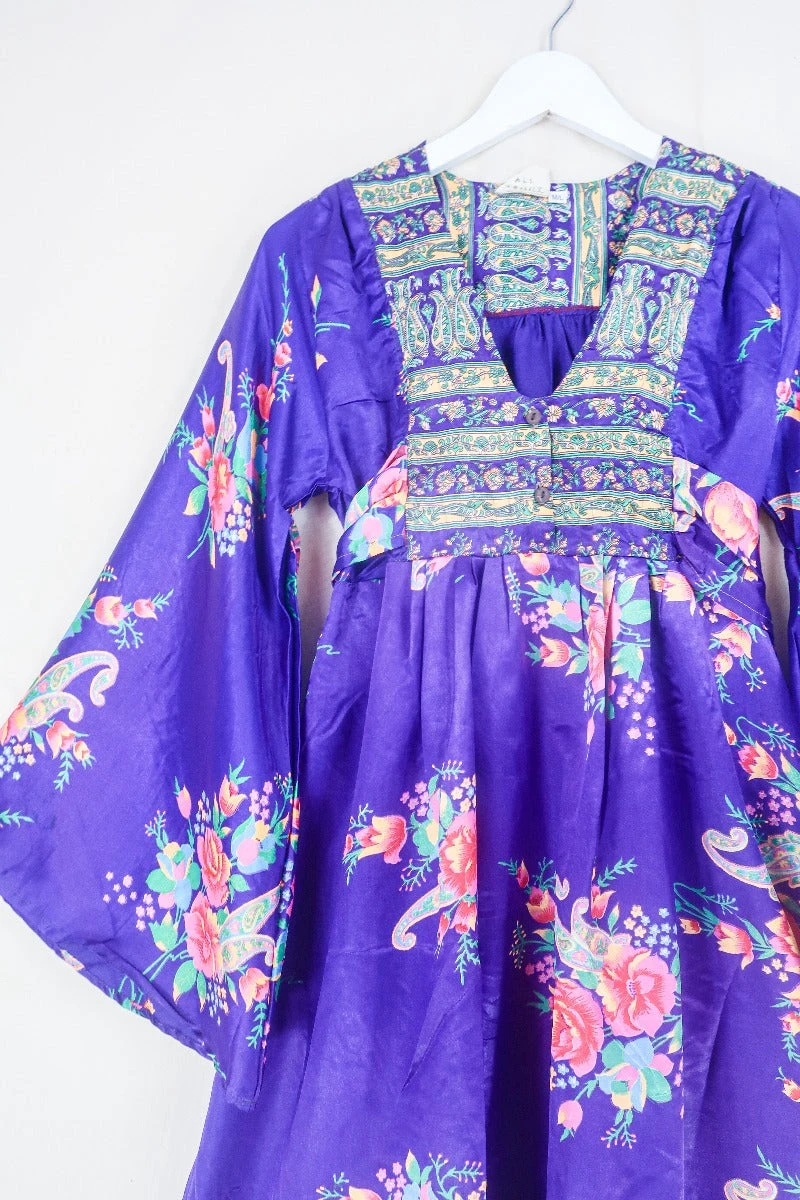 Lunar Mini Dress - Vintage Sari - Bright Amethyst Wallpaper Floral - Size XXS Petite 2 Lunar Mini Dress - Vintage Sari - Bright Amethyst Wallpaper Floral - Size XXS Petite - Image 2