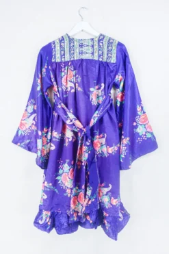 Lunar Mini Dress - Vintage Sari - Bright Amethyst Wallpaper Floral - Size XXS Petite 5 Lunar Mini Dress - Vintage Sari - Bright Amethyst Wallpaper Floral - Size XXS Petite -Woviqueen Sales lunar mini long sleeve boho dress hippy short dress wide sleeves drop hem frill skirt button up neckline handmade from recycled 70s vintage indian silky sari by all about audrey 76