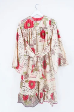 Lunar Mini Dress - Vintage Sari - Ivory & Ruby Red Bold Floral - Size XXS Petite 5 Lunar Mini Dress - Vintage Sari - Ivory & Ruby Red Bold Floral - Size XXS Petite -Woviqueen Sales lunar mini long sleeve boho dress hippy short dress wide sleeves drop hem frill skirt button up neckline handmade from recycled 70s vintage indian silky sari by all about audrey 85