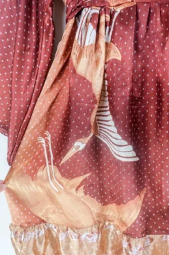 Lunar Mini Dress - Vintage Sari - Bronze & Copper Ombre Cranes - Size XXS/XS Petite -Woviqueen Sales lunar mini long sleeve boho dress hippy short dress wide sleeves drop hem frill skirt button up neckline handmade from recycled 70s vintage indian silky sari by all about audrey 97