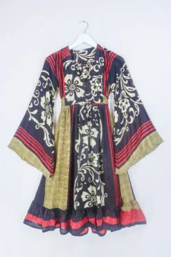 Lunar Mini Dress - Vintage Sari - Coffee Bean And Hibiscus - Size XXS Petite