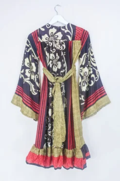 Lunar Mini Dress - Vintage Sari - Coffee Bean And Hibiscus - Size XXS Petite -Woviqueen Sales mini lunar floral recycled indian sari bohemian hippie maxi dress all about audrey 28