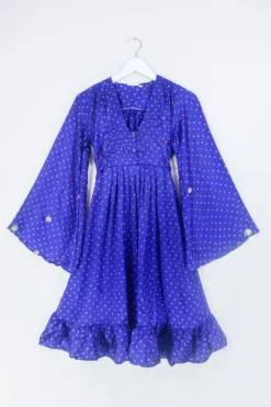 Lunar Mini Dress - Vintage Sari - French Violet And Golden Sequin - Size XXS Petite
