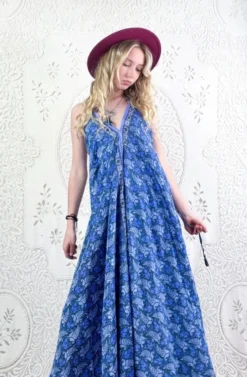 Eden Halter Maxi Dress - Vintage Sari - Lavender & Moon Grey Floral - Free Size M/L -Woviqueen Sales model wearing boho chic maxi halter dress hippie style handmade from recycled vintage 70s indian sari all about audrey 172