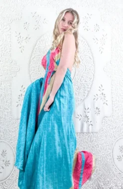 Eden Halter Maxi Dress - Vintage Sari - Aquamarine Paisley Waves - Free Size M/L -Woviqueen Sales model wearing boho chic maxi halter dress hippie style handmade from recycled vintage 70s indian sari all about audrey 180