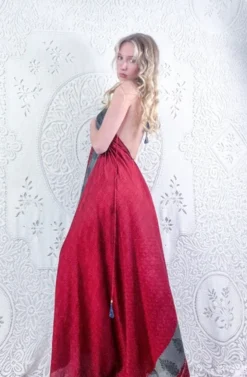 Eden Halter Maxi Dress - Vintage Sari - Sheer Ruby & Pewter Floral - Free Size S/M -Woviqueen Sales model wearing boho chic maxi halter dress hippie style handmade from recycled vintage 70s indian sari all about audrey 227
