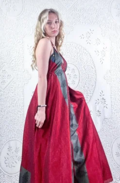 Eden Halter Maxi Dress - Vintage Sari - Sheer Ruby & Pewter Floral - Free Size S/M -Woviqueen Sales model wearing boho chic maxi halter dress hippie style handmade from recycled vintage 70s indian sari all about audrey 229