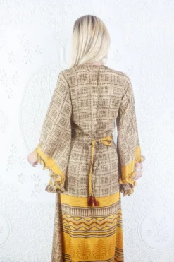 Venus Maxi Dress - Vintage Sari - Hickory & Sunflower Yellow - Size S/M -Woviqueen Sales model wearing boho frilly bell sleeve maxi dress hippie long sleeve wrap dress handmade from recycled vintage 1970s indian sari by all about audrey 55 8fd9fbeb 1d26 485e bf9d b4ca7326c371