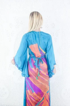 Venus Maxi Dress - Vintage Sari - Ocean Teal & Fiery Orange Stripe - Size S -Woviqueen Sales model wearing boho frilly bell sleeve maxi dress hippie long sleeve wrap dress handmade from recycled vintage 1970s indian sari by all about audrey 61