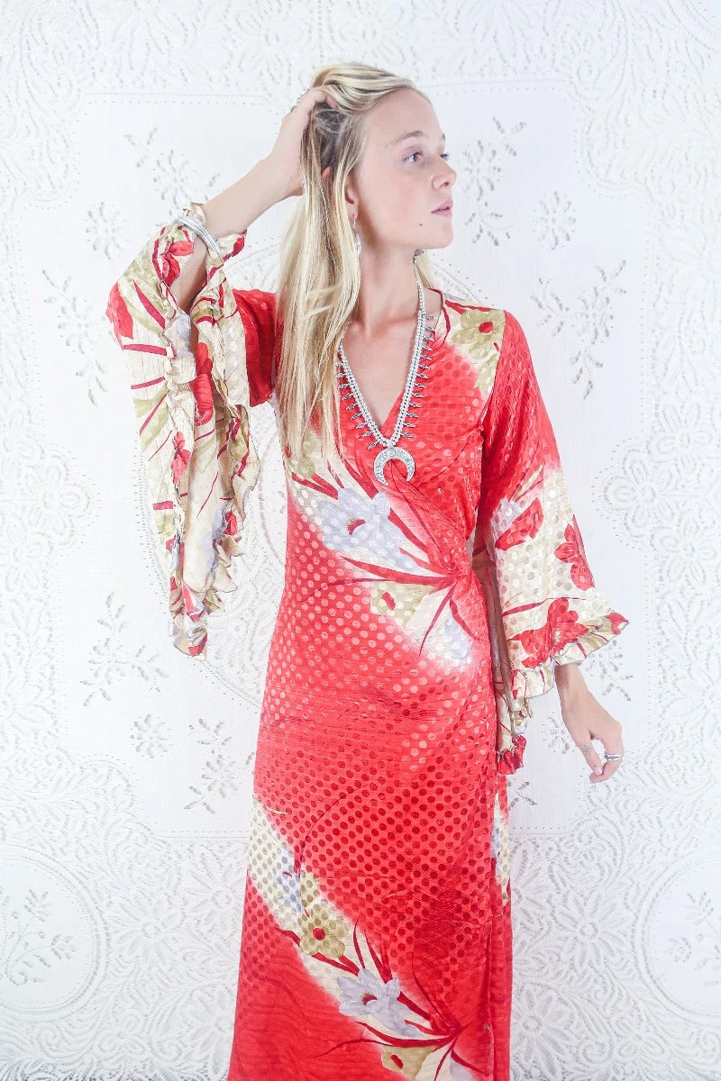 Venus Maxi Dress - Vintage Sari - Crimson Floral Fade - Size S 3 Venus Maxi Dress - Vintage Sari - Crimson Floral Fade - Size S - Image 3