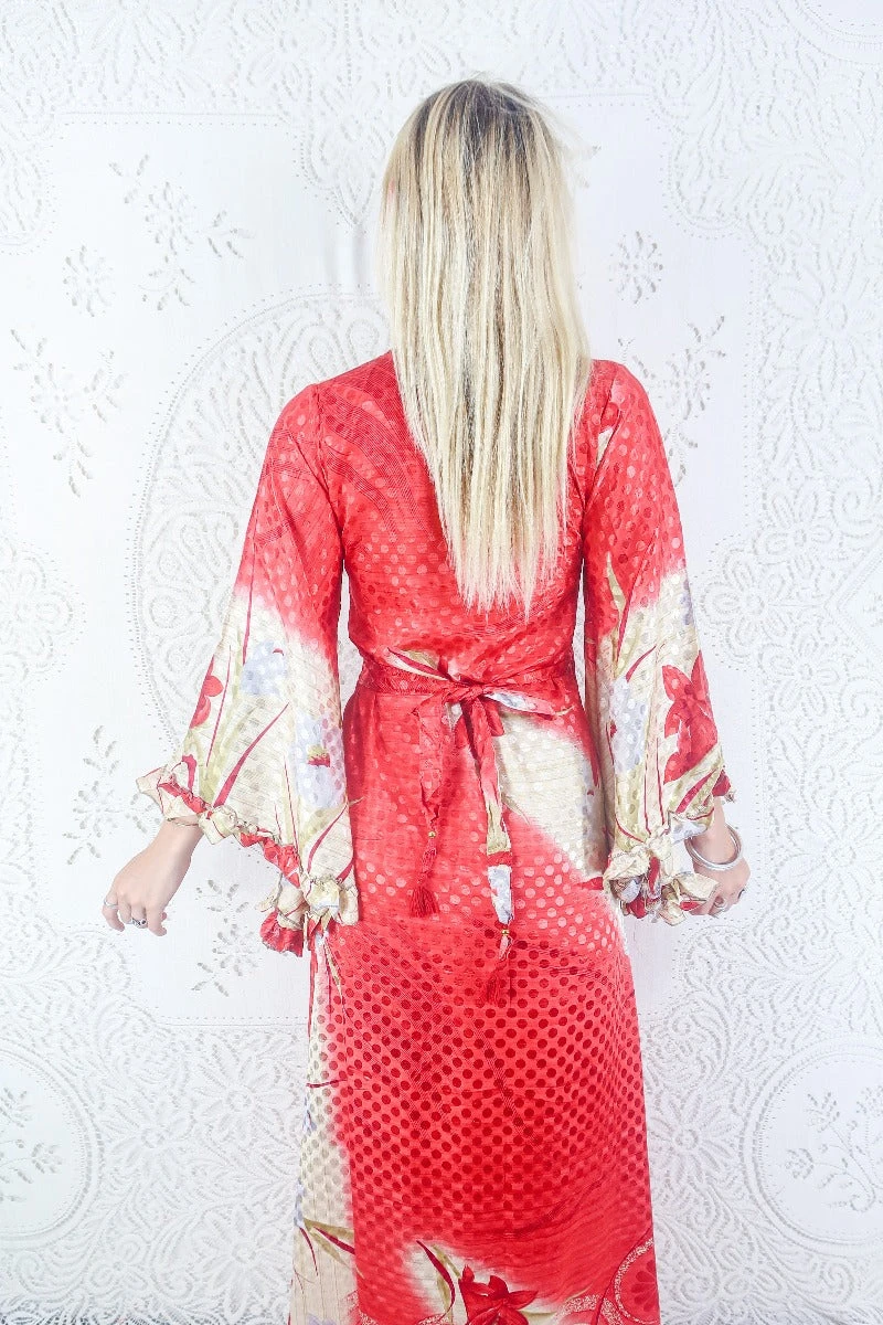 Venus Maxi Dress - Vintage Sari - Crimson Floral Fade - Size S 2 Venus Maxi Dress - Vintage Sari - Crimson Floral Fade - Size S - Image 2