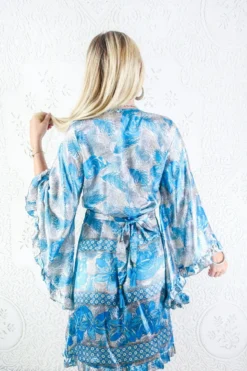 Venus Vintage Sari Midi Dress - Silver & Azure Blue Fern Floral - Size L/XL -Woviqueen Sales model wearing boho frilly bell sleeve midi dress hippie long sleeve short wrap dress handmade from recycled vintage 1970s indian sari by all about audrey 12
