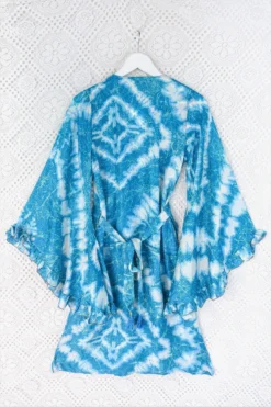 Venus Vintage Sari Midi Dress - Deep Aqua Blue Tie Dye - Size XS -Woviqueen Sales pinned out on lace venus midi dress wide frilly butterfly sleeves handmade vintage indian sari size s m all about audrey 44